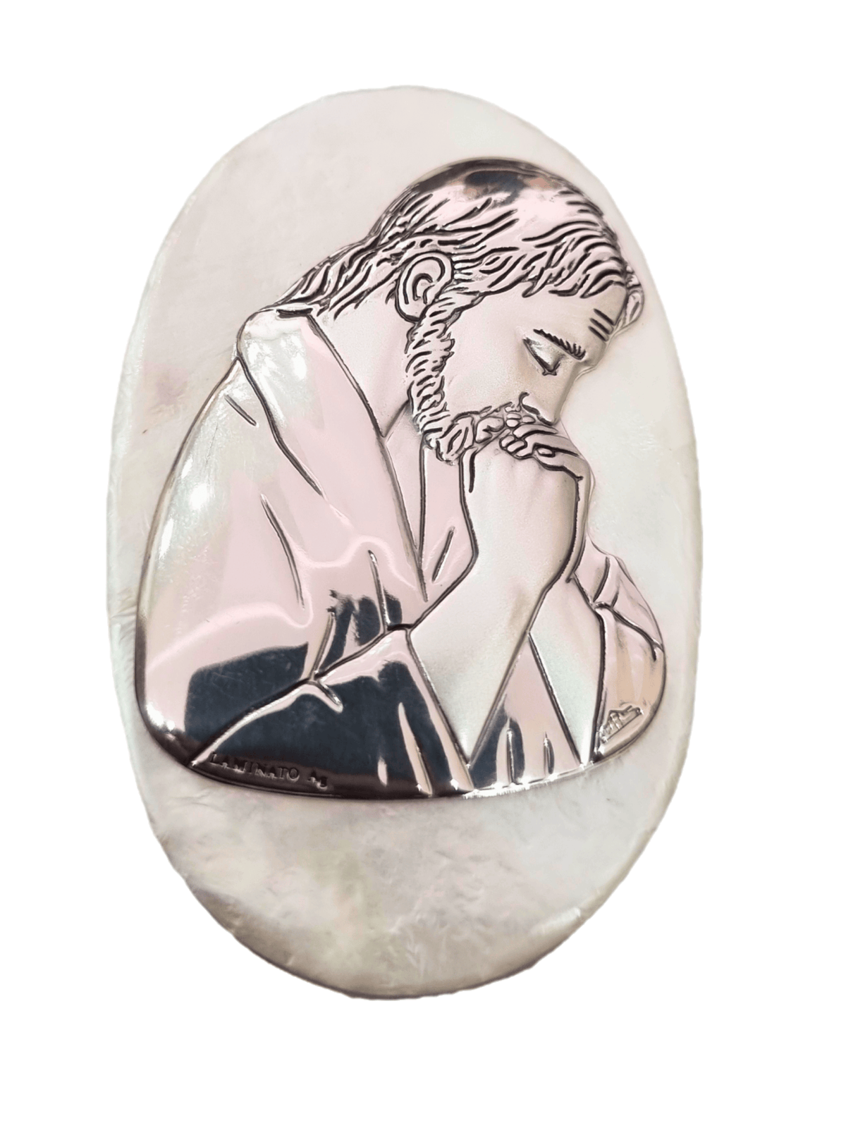 Porta Terço Italiano de Madrepérola e Prata Oval Jesus Orando 7 x 4,5 cm