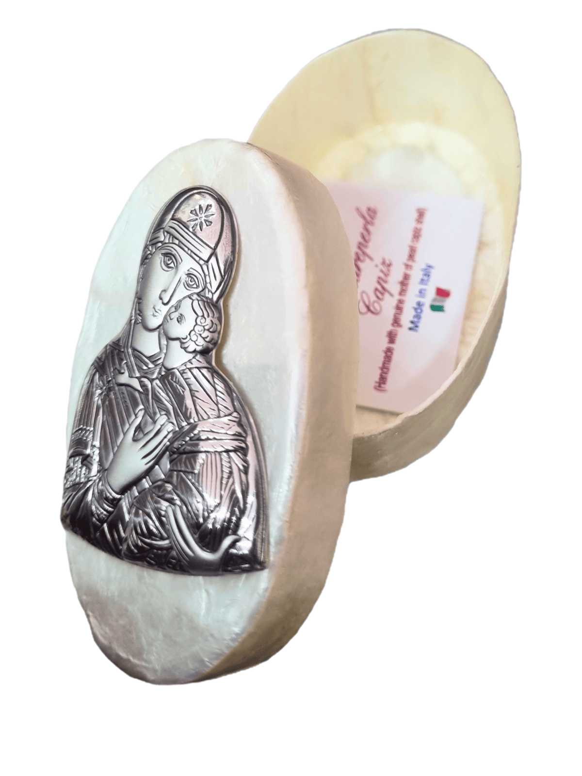 Porta Terço Italiano de Madrepérola e Prata Oval Perpétuo Socorro 7 x 4,5 cm