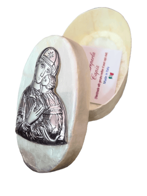 Porta Terço Italiano de Madrepérola e Prata Oval Perpétuo Socorro 7 x 4,5 cm