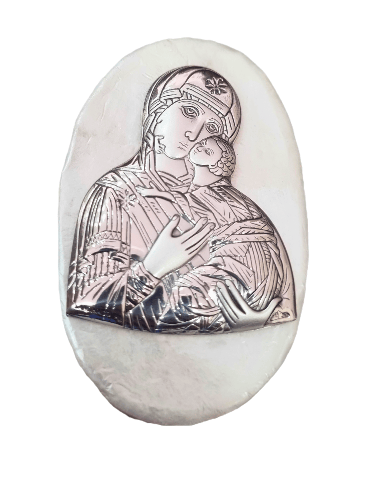 Porta Terço Italiano de Madrepérola e Prata Oval Perpétuo Socorro 7 x 4,5 cm