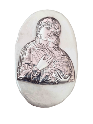 Porta Terço Italiano de Madrepérola e Prata Oval Perpétuo Socorro 7 x 4,5 cm