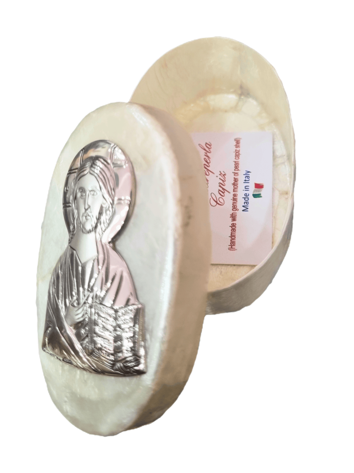 Porta Terço Italiano de Madrepérola e Prata Oval Jesus Pantokrator 7 x 4,5 cm