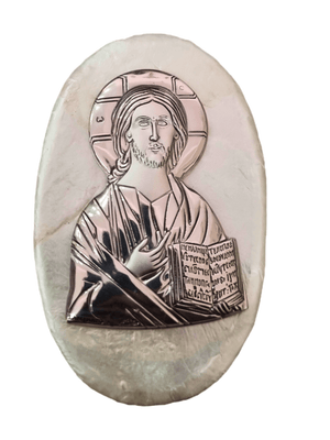 Porta Terço Italiano de Madrepérola e Prata Oval Jesus Pantokrator 7 x 4,5 cm
