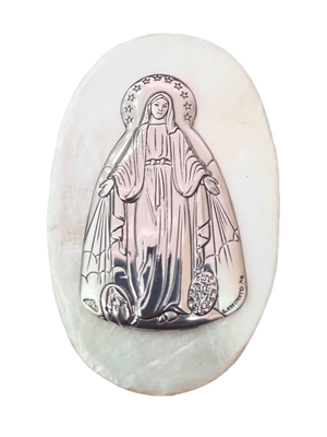 Porta Terço Italiano de Madrepérola e Prata Oval Nossa Senhora das Graças 7 x 4,5 cm