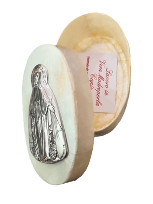 Porta Terço Italiano de Madrepérola e Prata Oval Nossa Senhora das Graças 7 x 4,5 cm