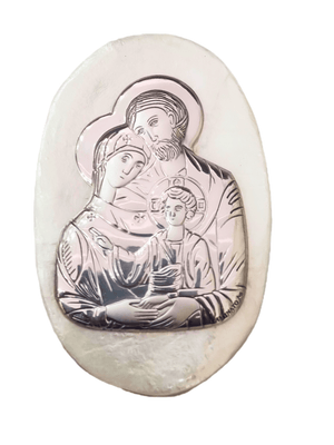 Porta Terço Italiano de Madrepérola e Prata Oval Sagrada Família 7 x 4,5 cm