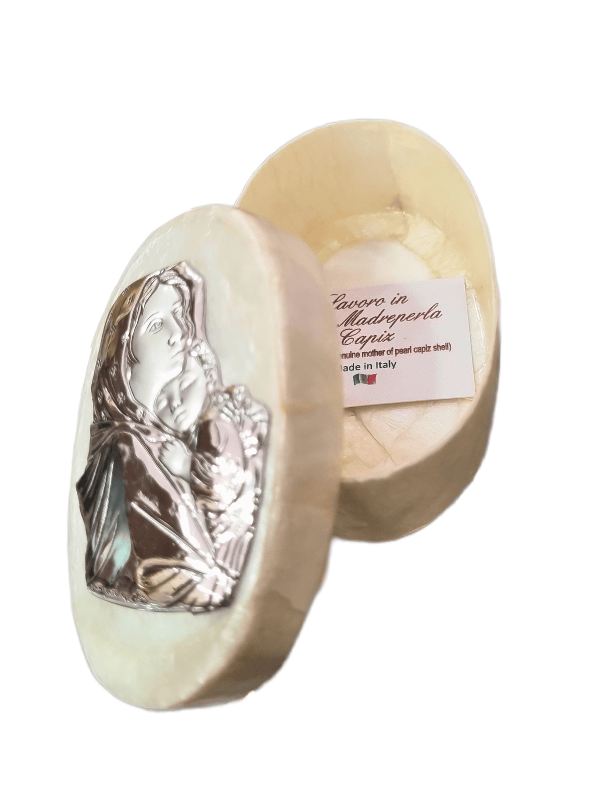 Porta Terço Italiano de Madrepérola e Prata Oval Nossa Senhora da Divina Providência 7 x 4,5 cm