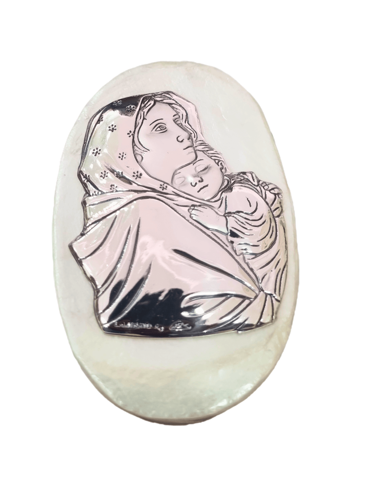 Porta Terço Italiano de Madrepérola e Prata Oval Nossa Senhora da Divina Providência 7 x 4,5 cm