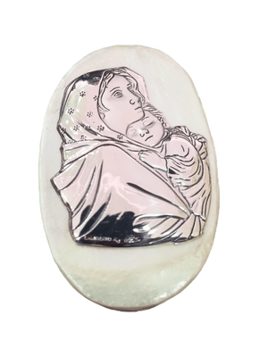 Porta Terço Italiano de Madrepérola e Prata Oval Nossa Senhora da Divina Providência 7 x 4,5 cm