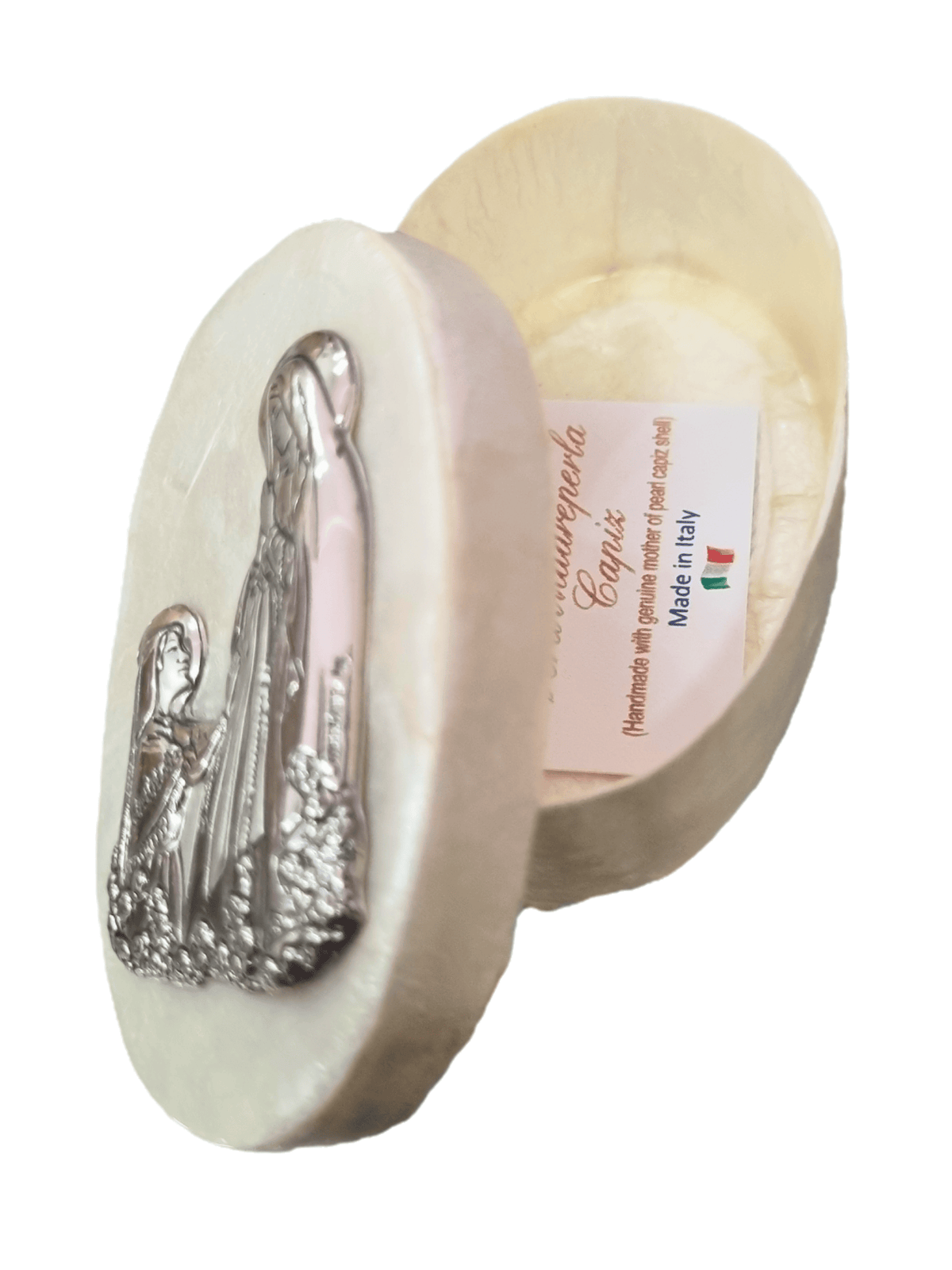Porta Terço Italiano de Madrepérola e Prata Oval Nossa Senhora de Lourdes 7 x 4,5 cm