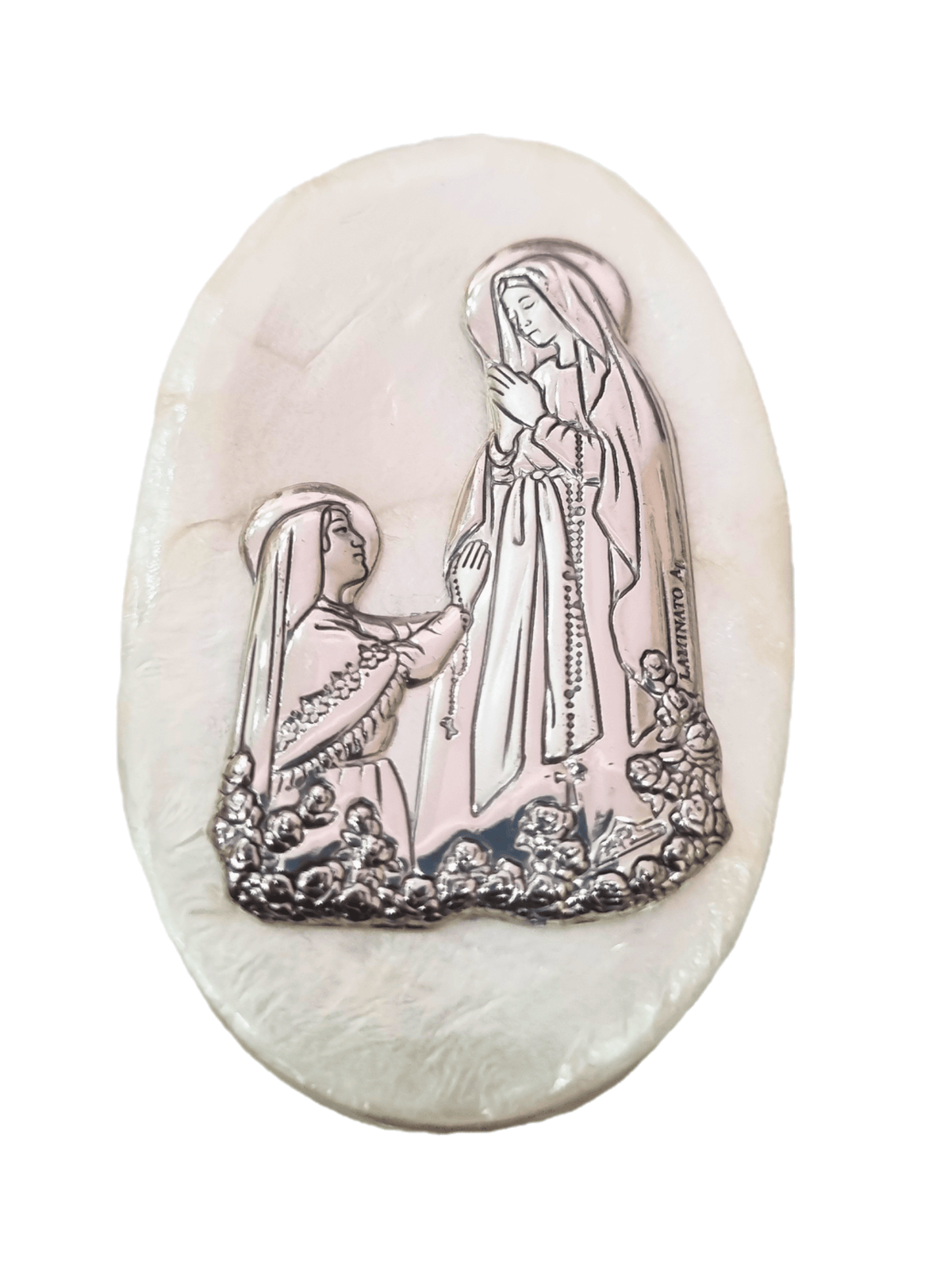 Porta Terço Italiano de Madrepérola e Prata Oval Nossa Senhora de Lourdes 7 x 4,5 cm