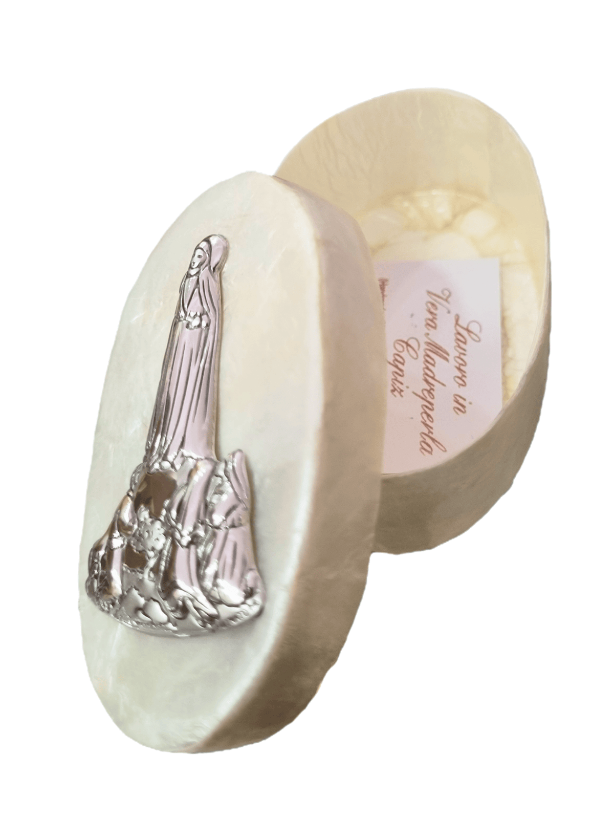 Porta Terço Italiano de Madrepérola e Prata Oval Nossa Senhora de Fátima 7 x 4,5 cm