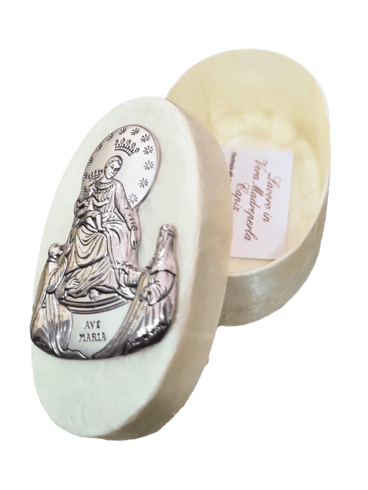 Porta Terço Italiano de Madrepérola e Prata Oval Nossa Senhora do Rosário 7 x 4,5 cm