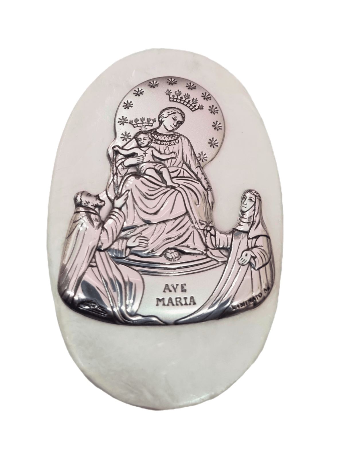 Porta Terço Italiano de Madrepérola e Prata Oval Nossa Senhora do Rosário 7 x 4,5 cm