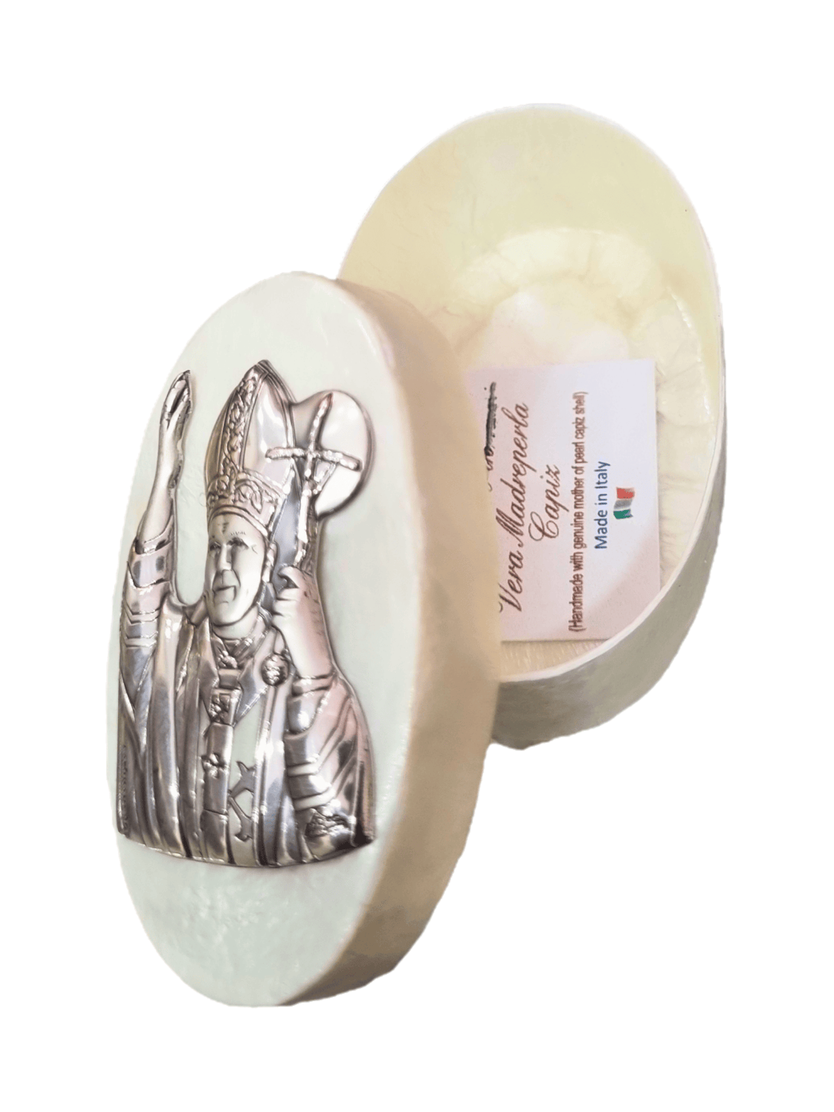 Porta Terço Italiano de Madrepérola e Prata Oval São João Paulo II 7 x 4,5 cm