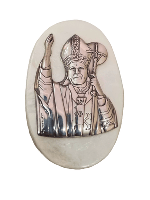 Porta Terço Italiano de Madrepérola e Prata Oval São João Paulo II 7 x 4,5 cm