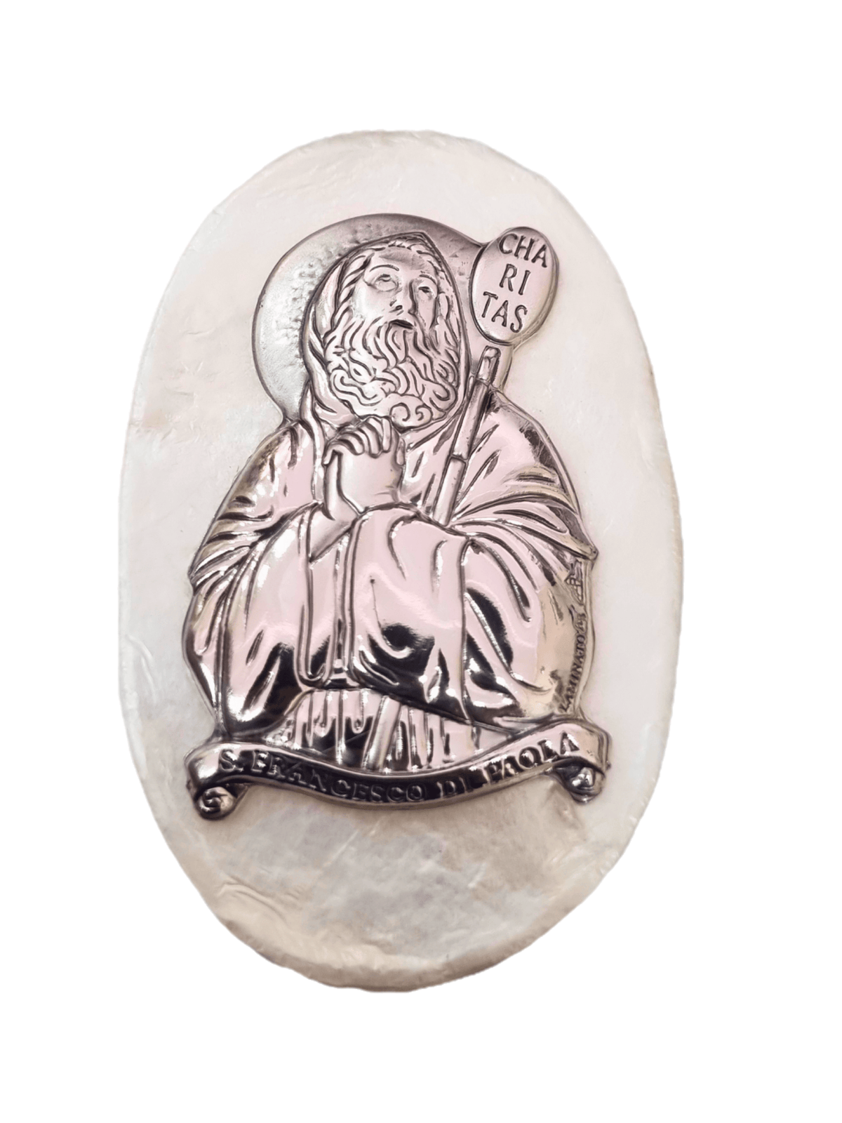 Porta Terço Italiano de Madrepérola e Prata Oval São Francisco de Paula 7 x 4,5 cm