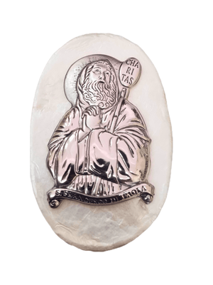 Porta Terço Italiano de Madrepérola e Prata Oval São Francisco de Paula 7 x 4,5 cm
