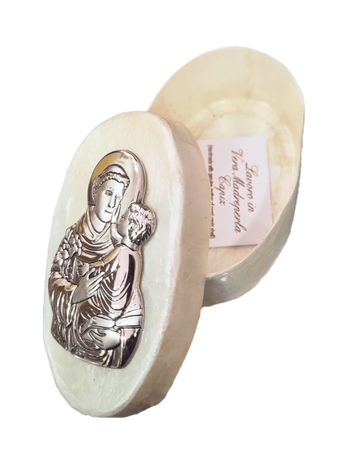 Porta Terço Italiano de Madrepérola e Prata Oval Santo Antonio 7 x 4,5 cm