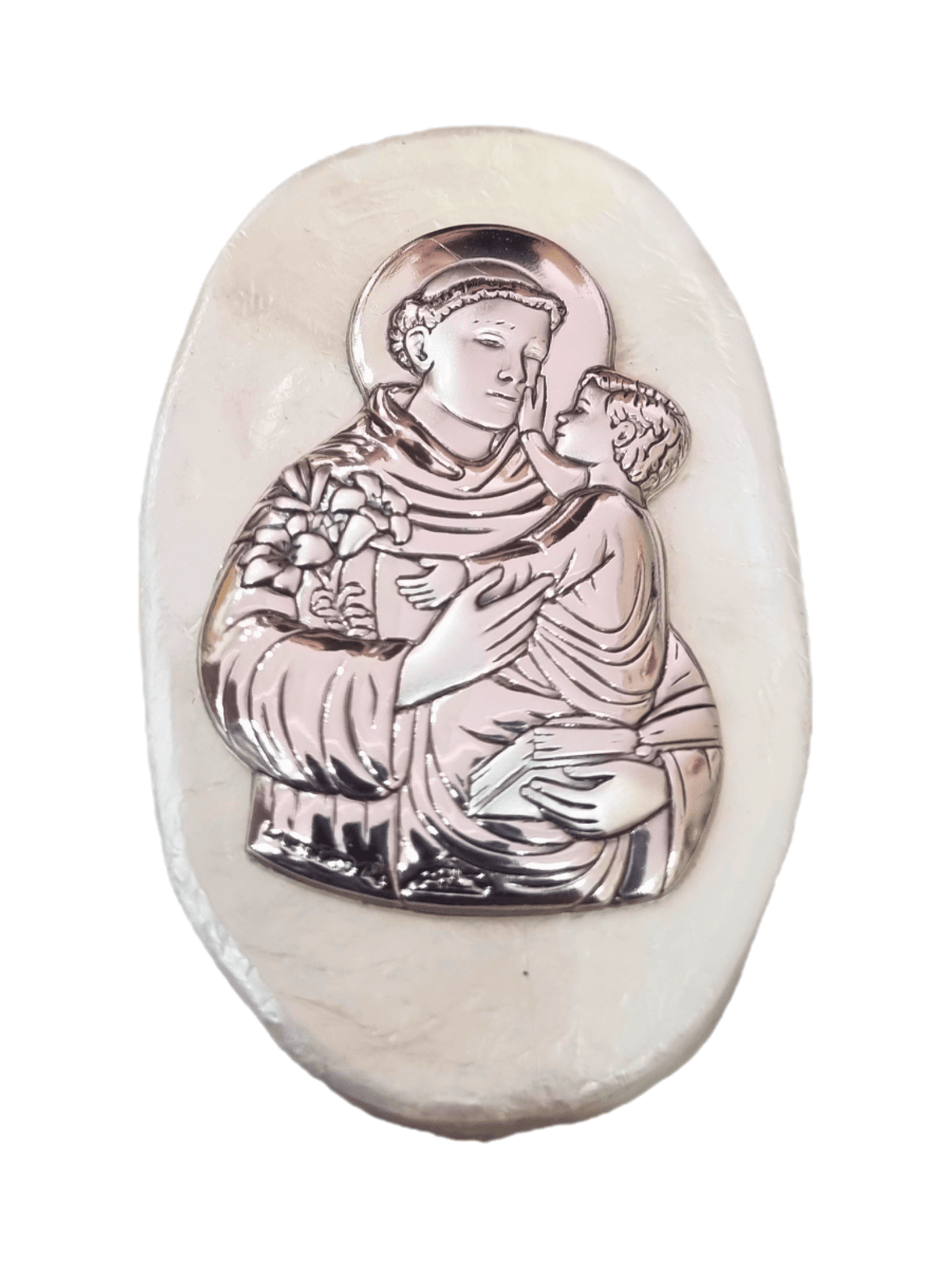 Porta Terço Italiano de Madrepérola e Prata Oval Santo Antonio 7 x 4,5 cm