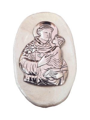 Porta Terço Italiano de Madrepérola e Prata Oval Santo Antonio 7 x 4,5 cm