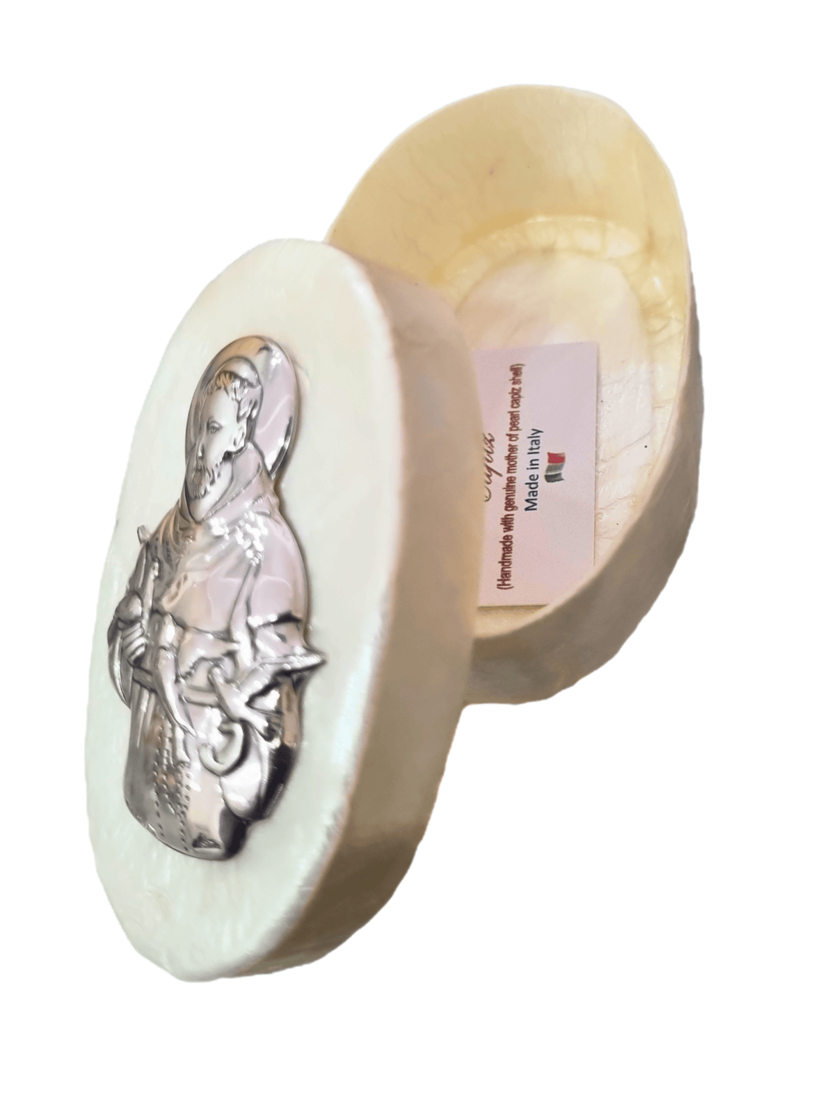 Porta Terço Italiano de Madrepérola e Prata Oval São Francisco de Assis 7 x 4,5 cm