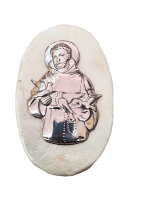 Porta Terço Italiano de Madrepérola e Prata Oval São Francisco de Assis 7 x 4,5 cm