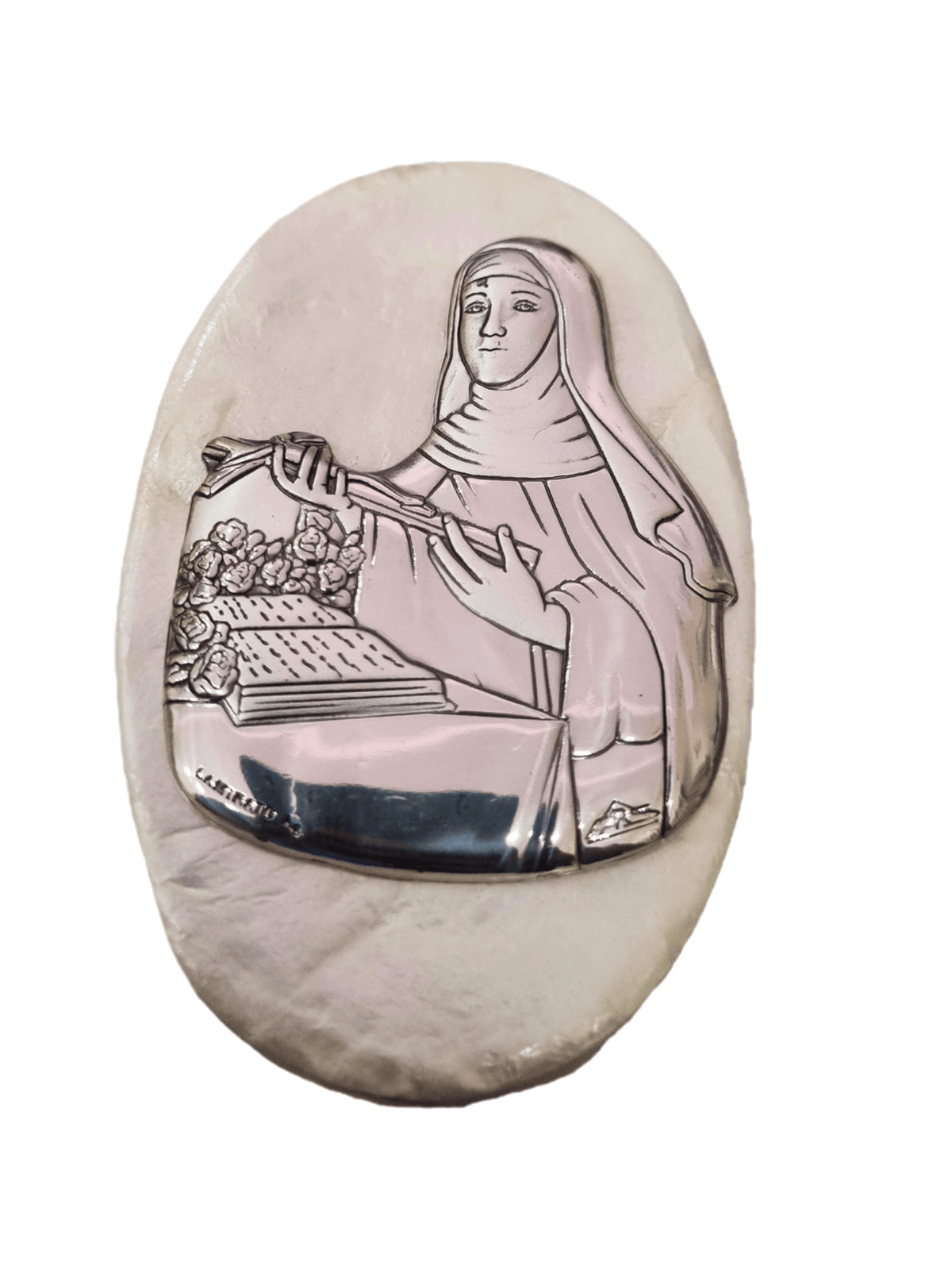 Porta Terço Italiano de Madrepérola e Prata Oval Santa Rita 7 x 4,5 cm