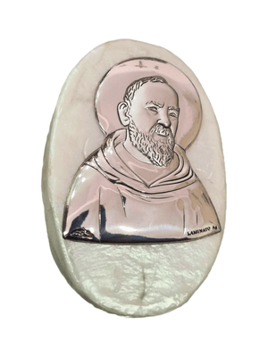 Porta Terço Italiano de Madrepérola e Prata Oval Padre Pio 7 x 4,5 cm