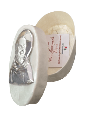 Porta Terço Italiano de Madrepérola e Prata Oval Padre Pio 7 x 4,5 cm