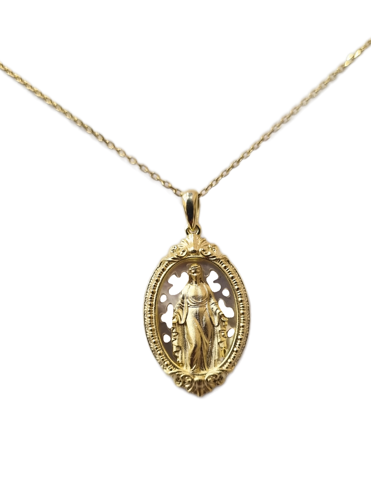 Gargantilha Nossa Senhora das Graças com Madrepérola em Prata de Lei 925 e Banho de Ouro 18K