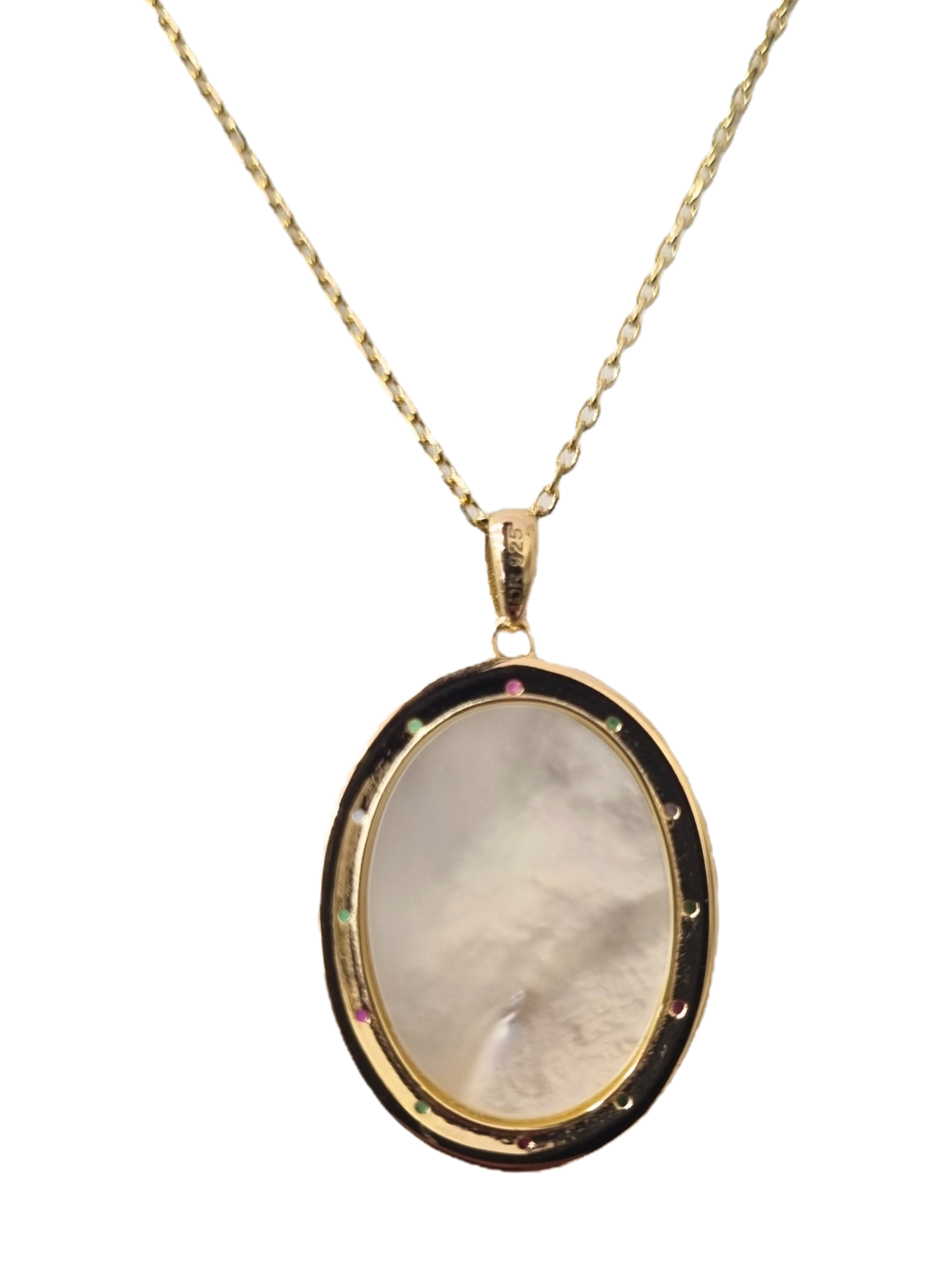 Gargantilha de Nossa Senhora Aparecida com Madrepérola e Mix de Zircônias em Prata de Lei 925 e Banho de Ouro 18K