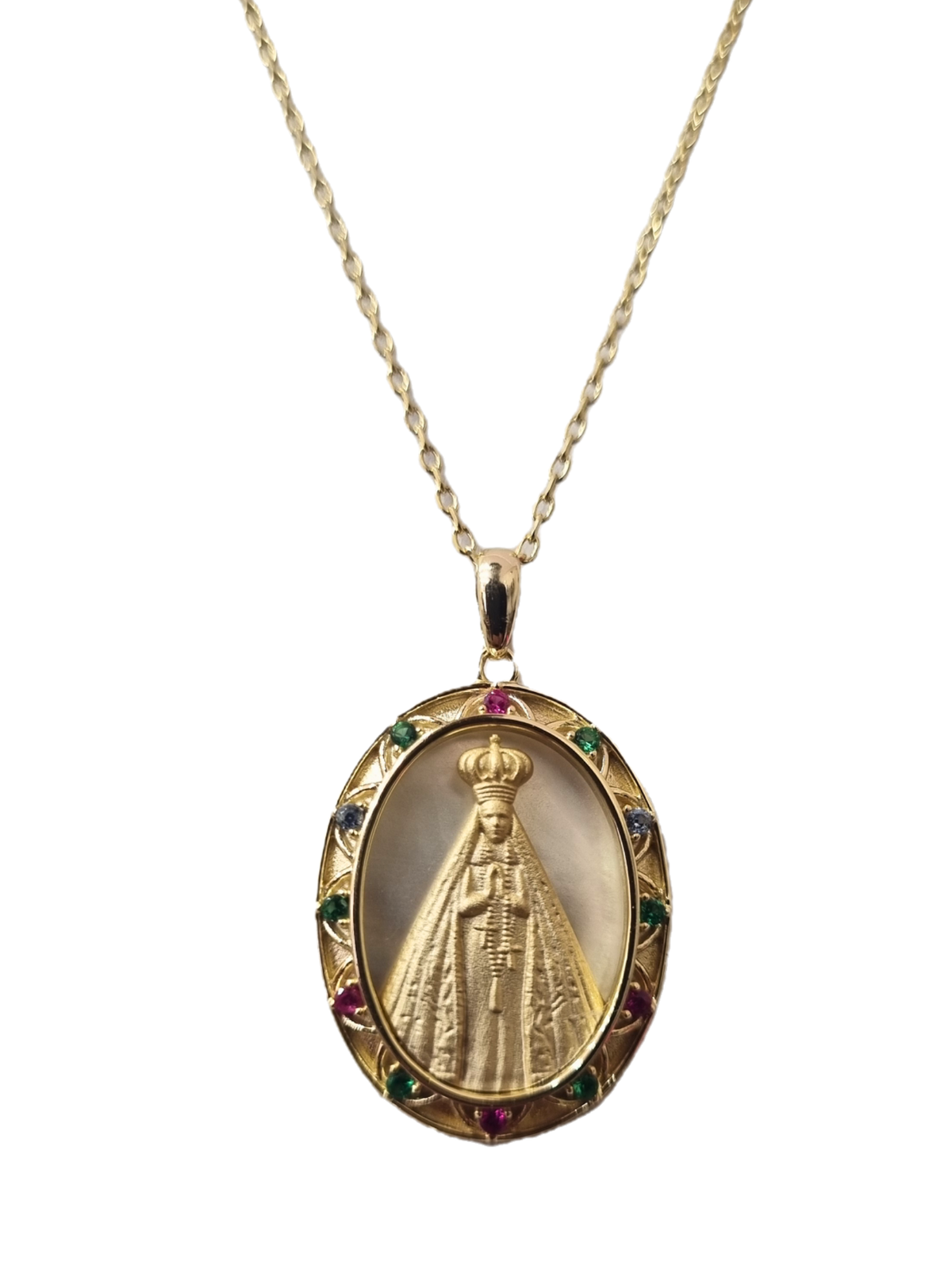 Gargantilha de Nossa Senhora Aparecida com Madrepérola e Mix de Zircônias em Prata de Lei 925 e Banho de Ouro 18K