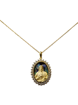 Gargantilha do Sagrado Coração de Jesus com Madrepérola Abalone em Prata de Lei 925 e Banho de Ouro 18K