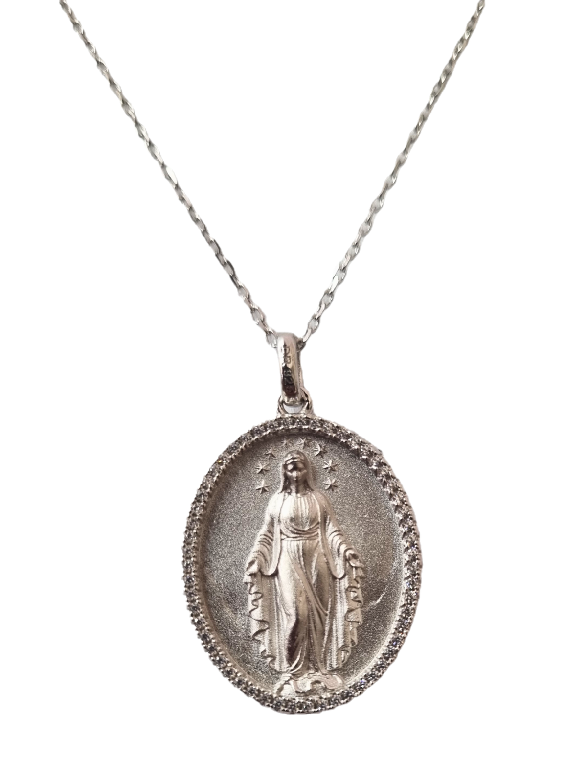 Gargantilha Oval de Nossa Senhora das Graças Cravejada em Prata de Lei 925 e Zircônias Brancas
