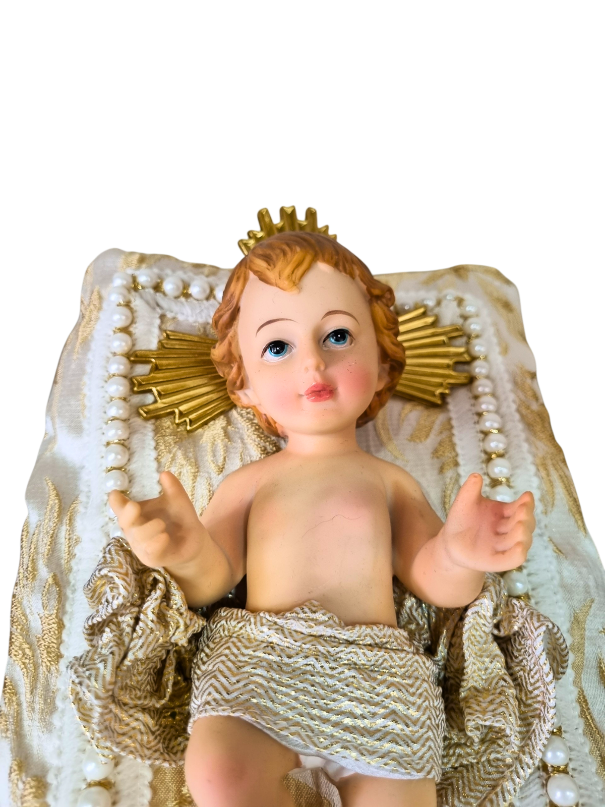 Menino Jesus de Resina Santini Italy Style com Almofada Branca e Dourada 18 cm