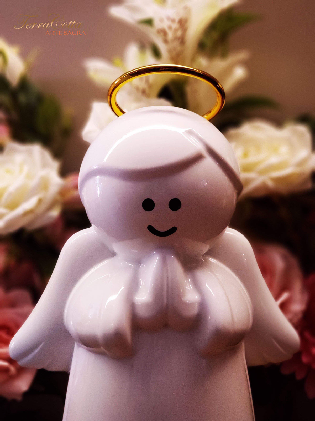 ANJO C/ AUREOLA LAQUEADO BRANCO-TerraCotta Arte Sacra
