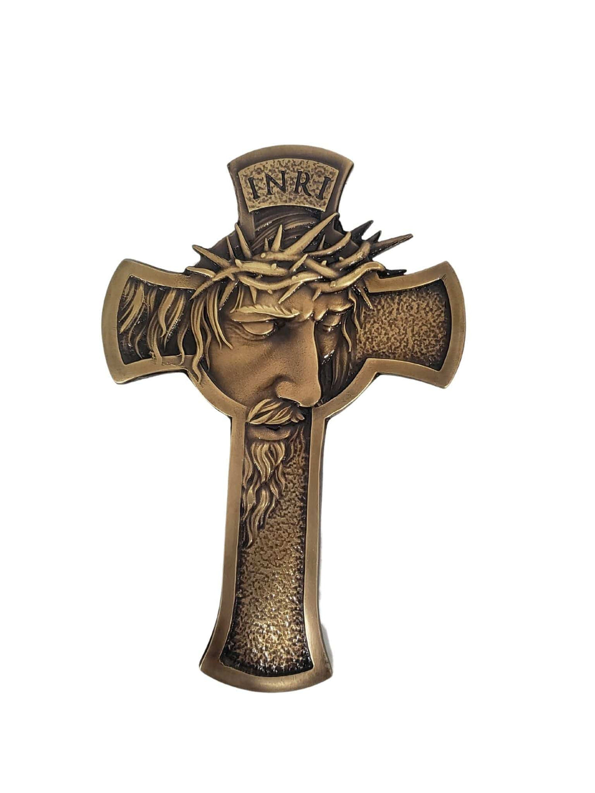 Adorno Cruz Face de Cristo Metal Galvanizado Ouro Velho 18 cm-TerraCotta Arte Sacra