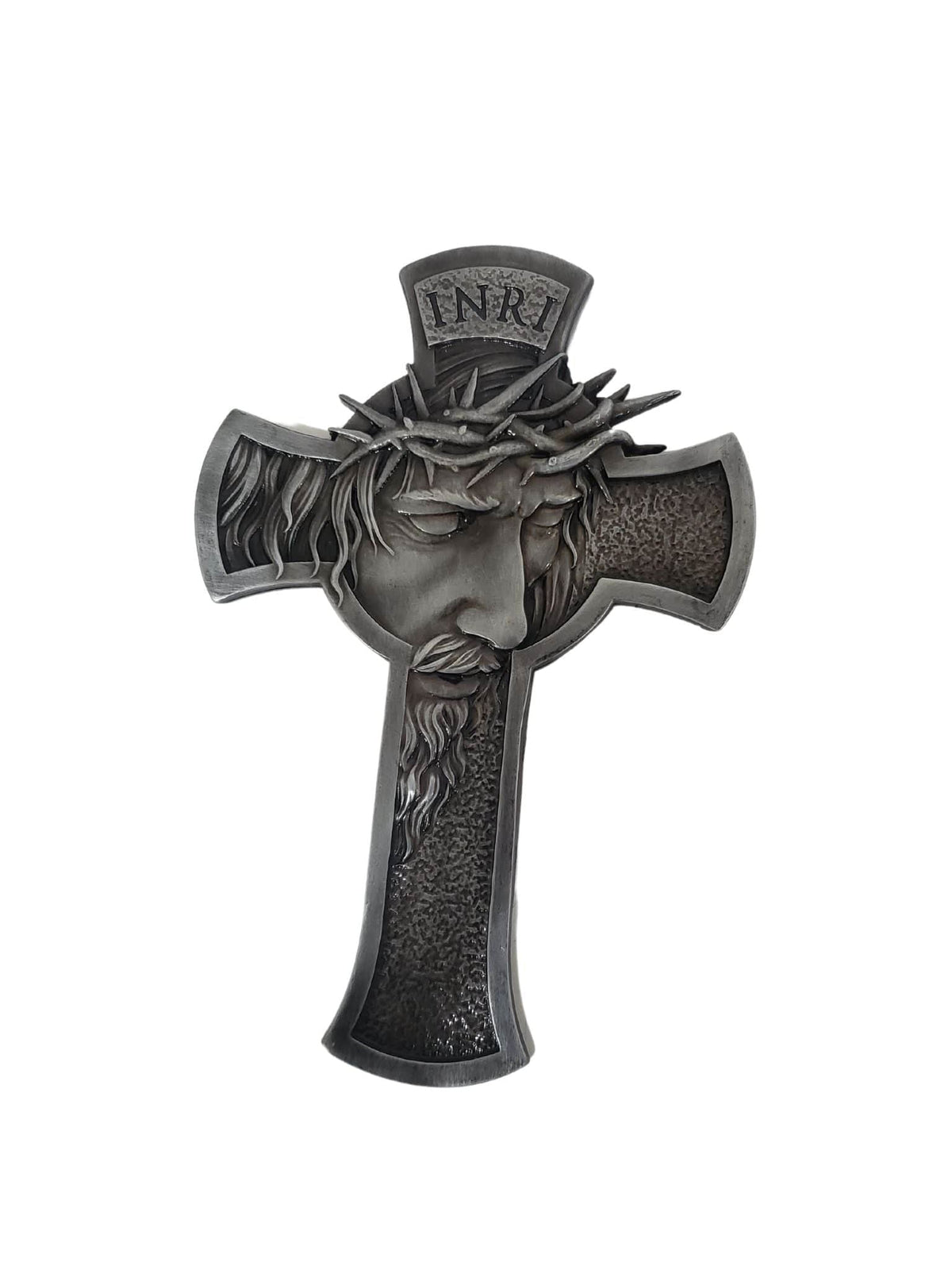Adorno Cruz Face de Cristo Metal Galvanizado Prata Velha 18 cm-TerraCotta Arte Sacra