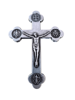 Adorno Cruz em Metal Livrai-nos do Mal Prata Velha 9 cm-TerraCotta Arte Sacra