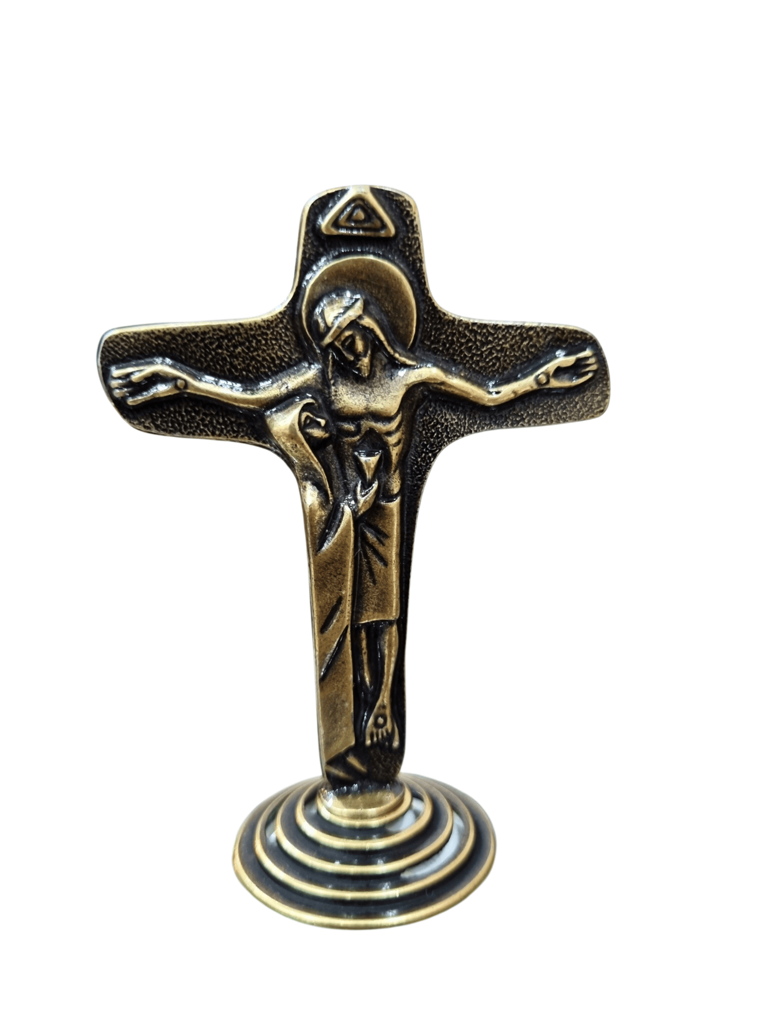 Adorno de Mesa Cruz da Unidade em Metal Ouro Velho 8 cm-TerraCotta Arte Sacra