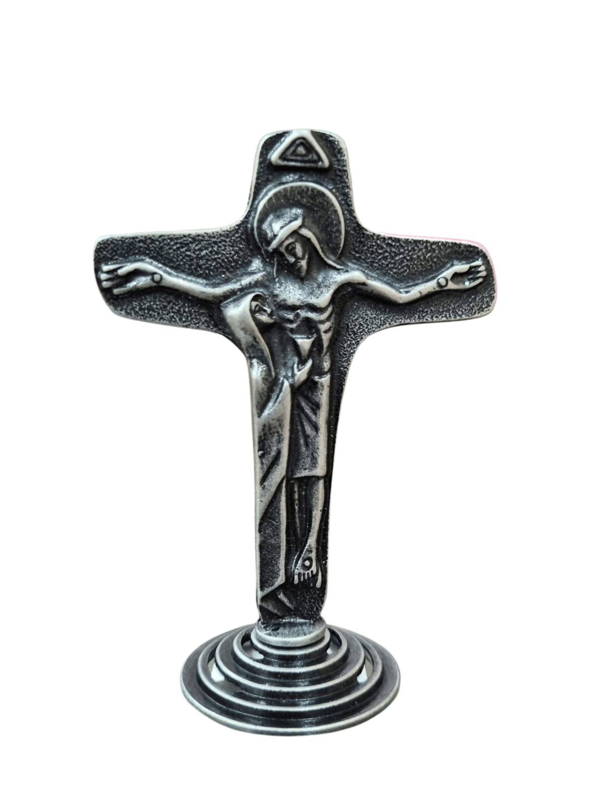 Adorno de Mesa Cruz da Unidade em Metal Prata Velha 8 cm-TerraCotta Arte Sacra