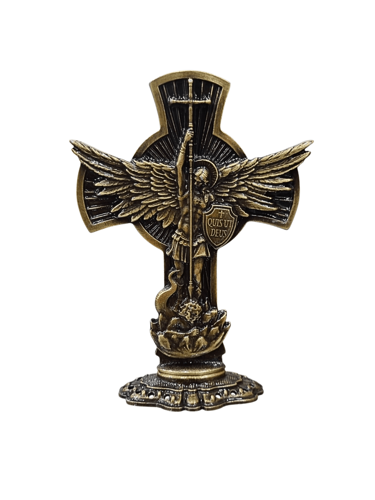 Adorno de Mesa Cruz de São Miguel Arcanjo Metal Galvanizado Ouro Velho 13 cm-TerraCotta Arte Sacra
