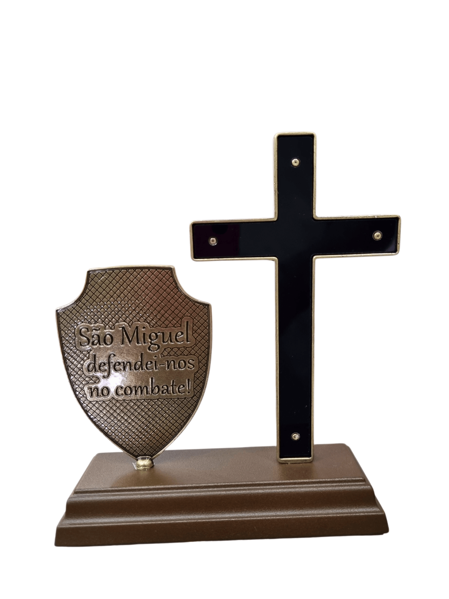 Adorno de Mesa Cruz e Imagem Escudo de São Miguel em Metal Ouro Velho 15 cm-TerraCotta Arte Sacra