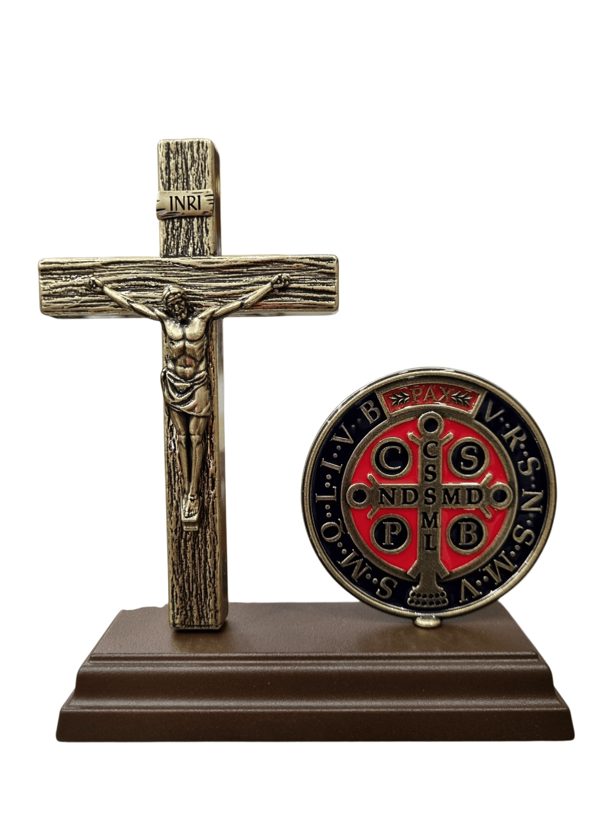 Adorno de Mesa Cruz e Imagem em Metal de São Bento Ouro Velho 15 cm-TerraCotta Arte Sacra