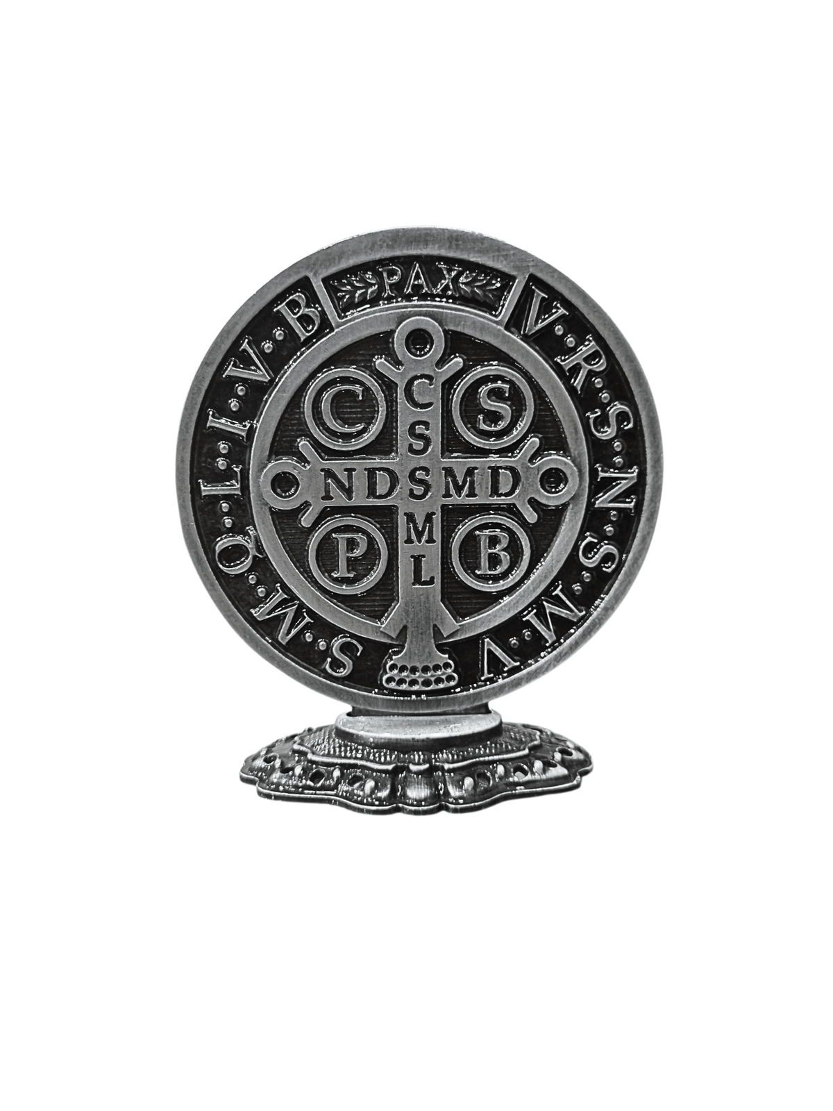 Adorno de Mesa Medalha de São Bento Metal Galvanizado Prata Velha 9,5 cm-TerraCotta Arte Sacra