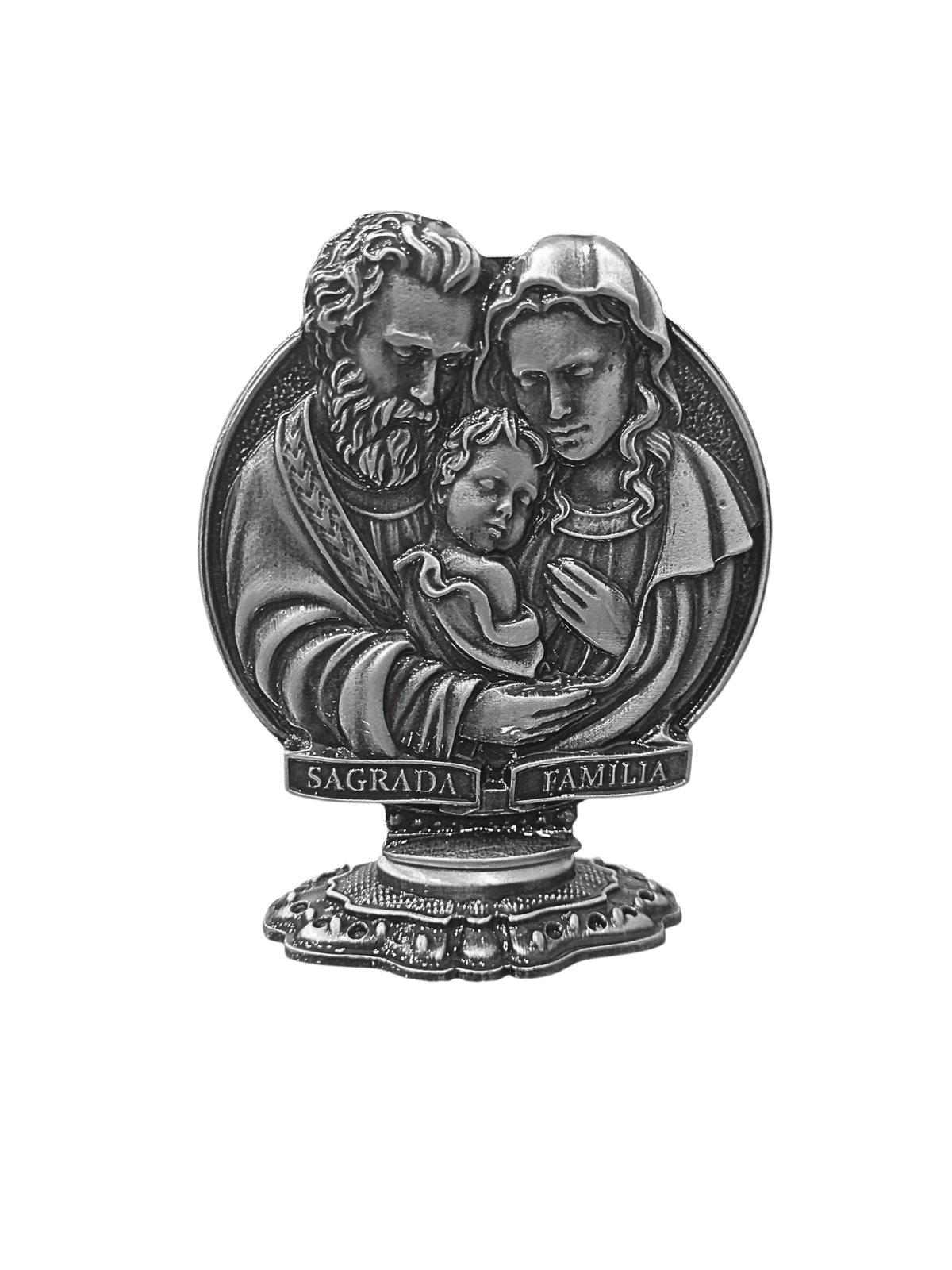 Adorno de Mesa Sagrada Família Metal Galvanizado Prata Velha 10,5cm-TerraCotta Arte Sacra