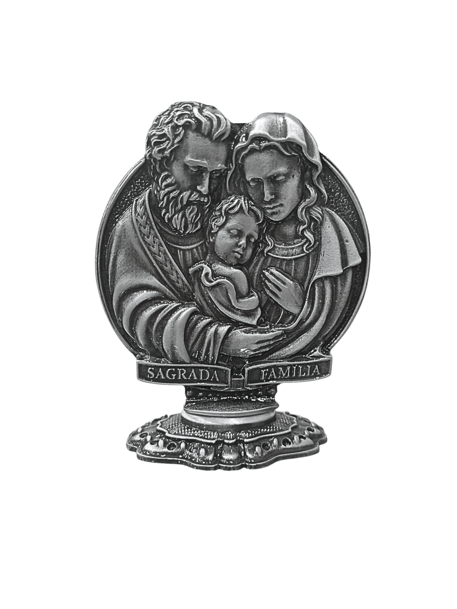 Adorno de Mesa Sagrada Família Metal Galvanizado Prata Velha 10,5cm-TerraCotta Arte Sacra