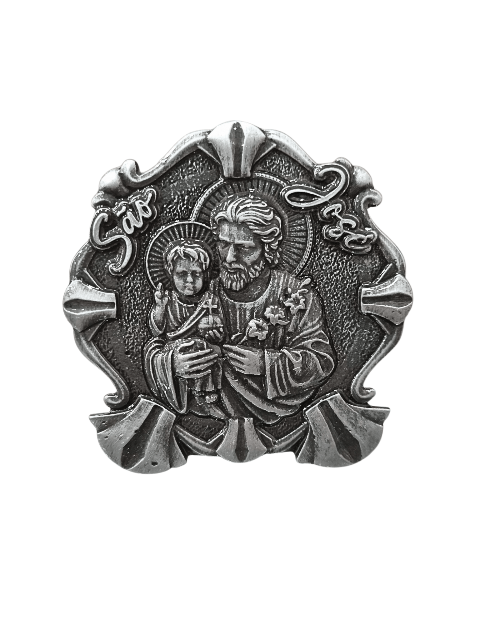 Adorno de Mesa São José Metal Galvanizado Prata Velha 6,5 cm-TerraCotta Arte Sacra
