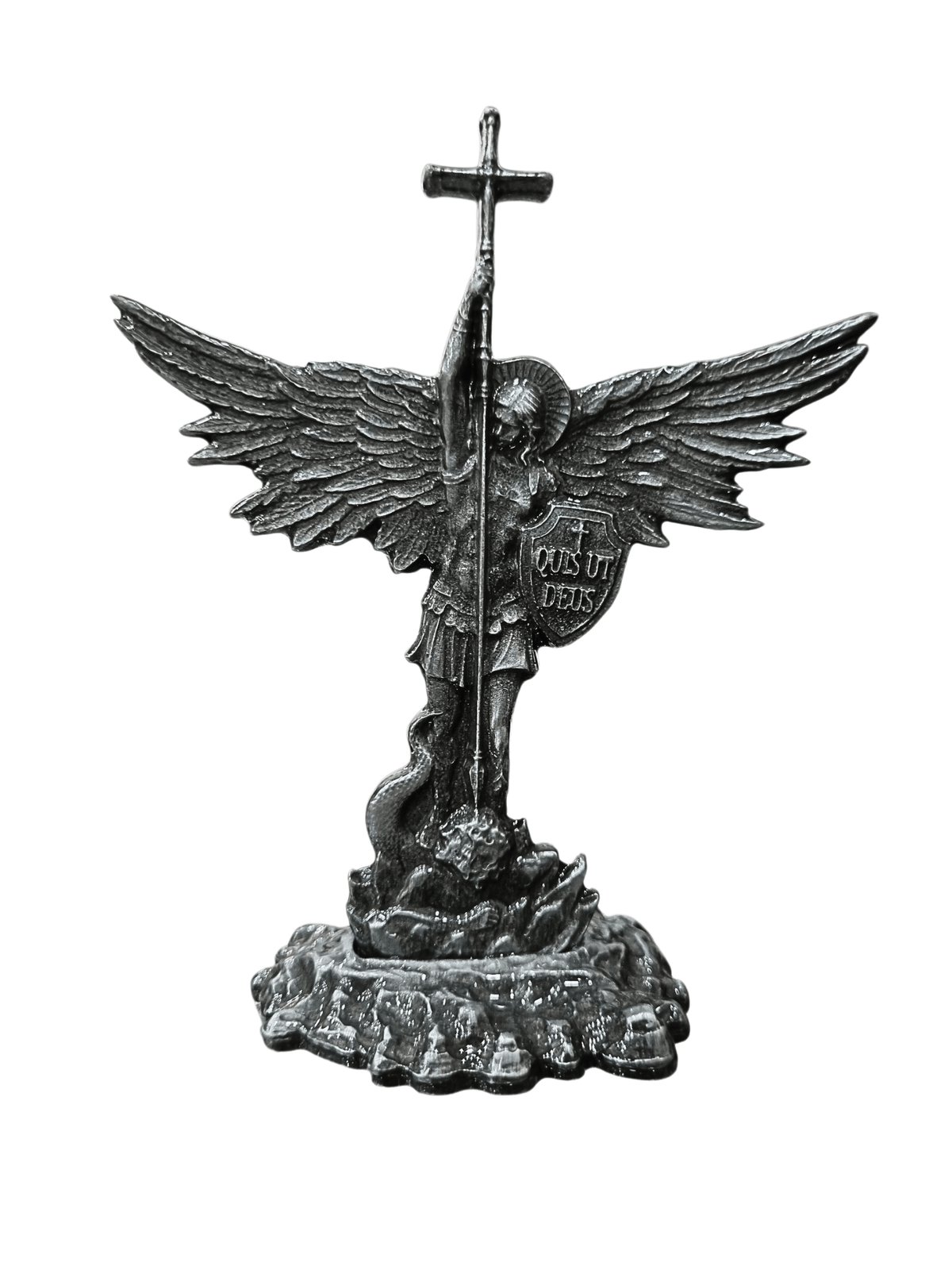 Adorno de Mesa São Miguel Arcanjo Metal Galvanizado Prata Velha 11 cm-TerraCotta Arte Sacra